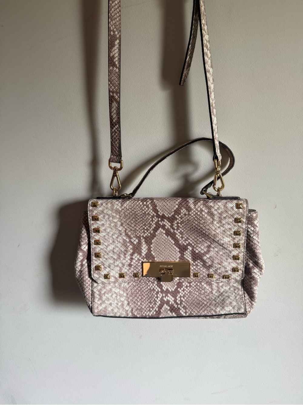 Michael Kors Snake-Embossed Studded Crossbody Bag in Light Taupe